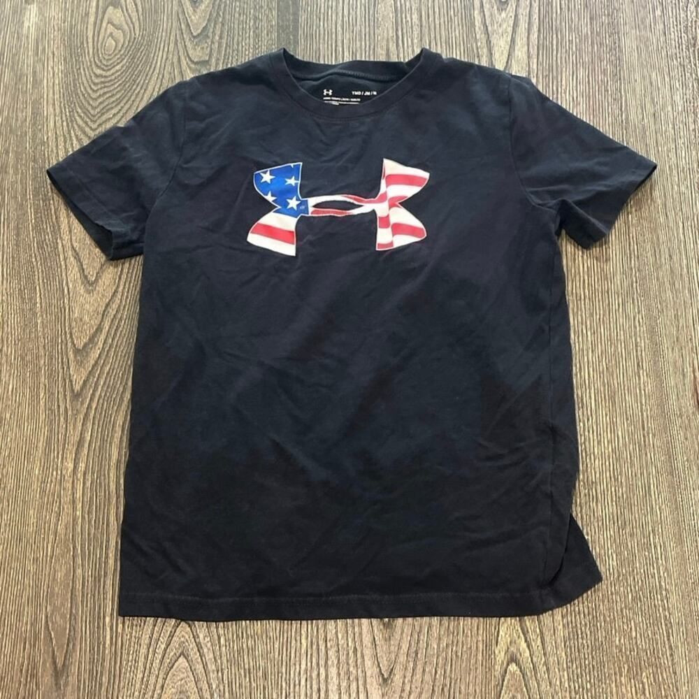 Under Armour Youth Boys HeatGear T-Shirt Top USA Flag Logo Print Black Size M